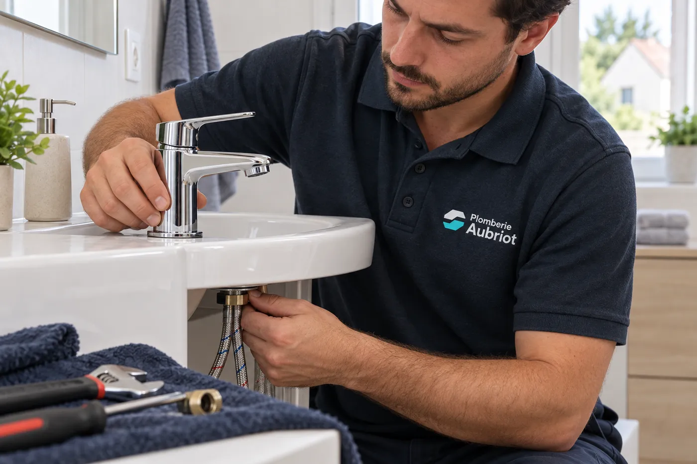 Pose d'un mitigeur chromé sur un lavabo, flexibles raccordés et outils sur une bâche de protection